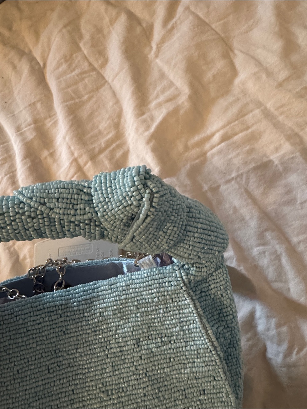 Sol and Mer Beaded Light Blue Striped Top-Handle Bag with Pasta and Tomato Motif - Picture 7 of 9